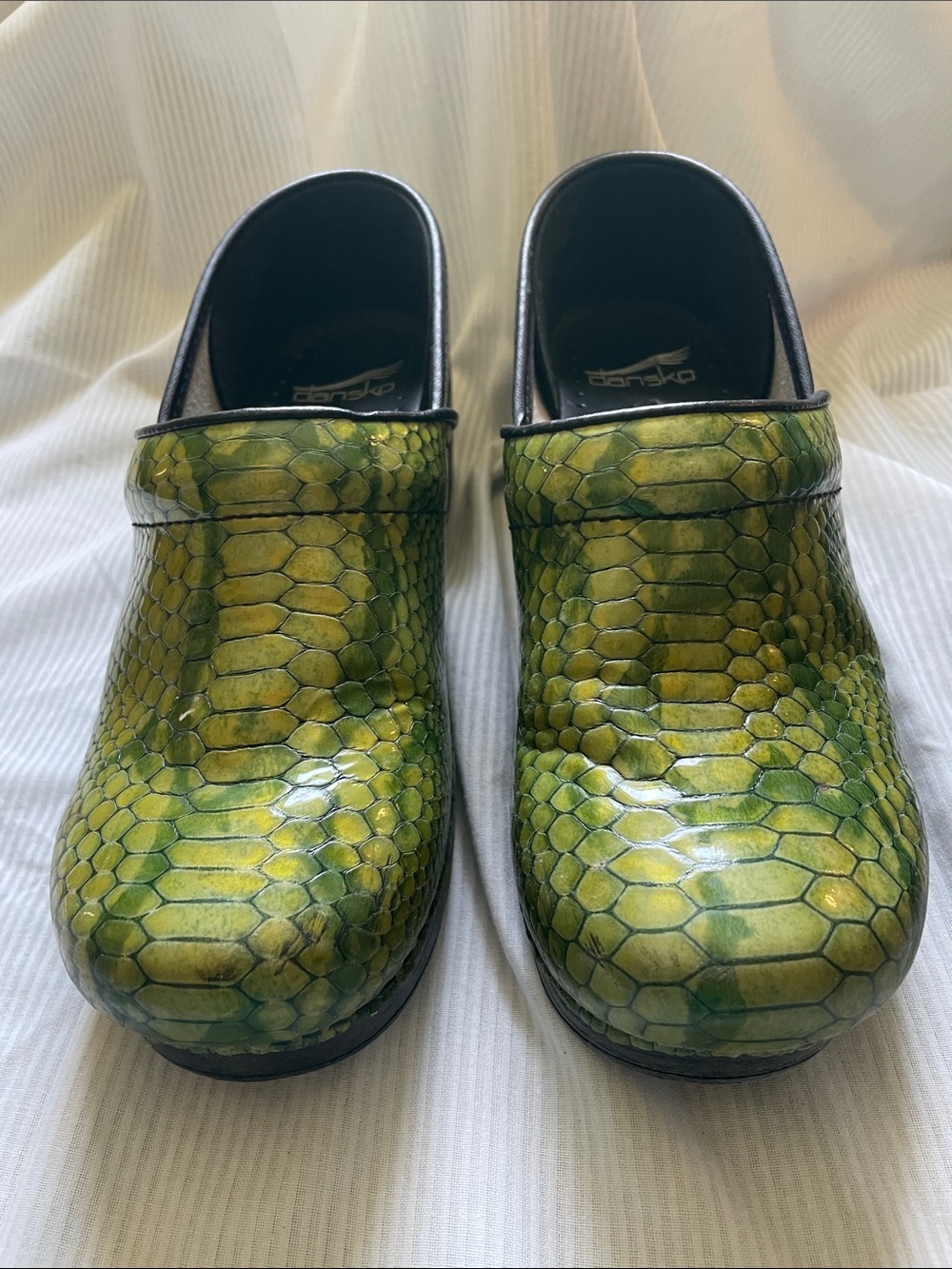 Dansko Green Snake Print Clogs